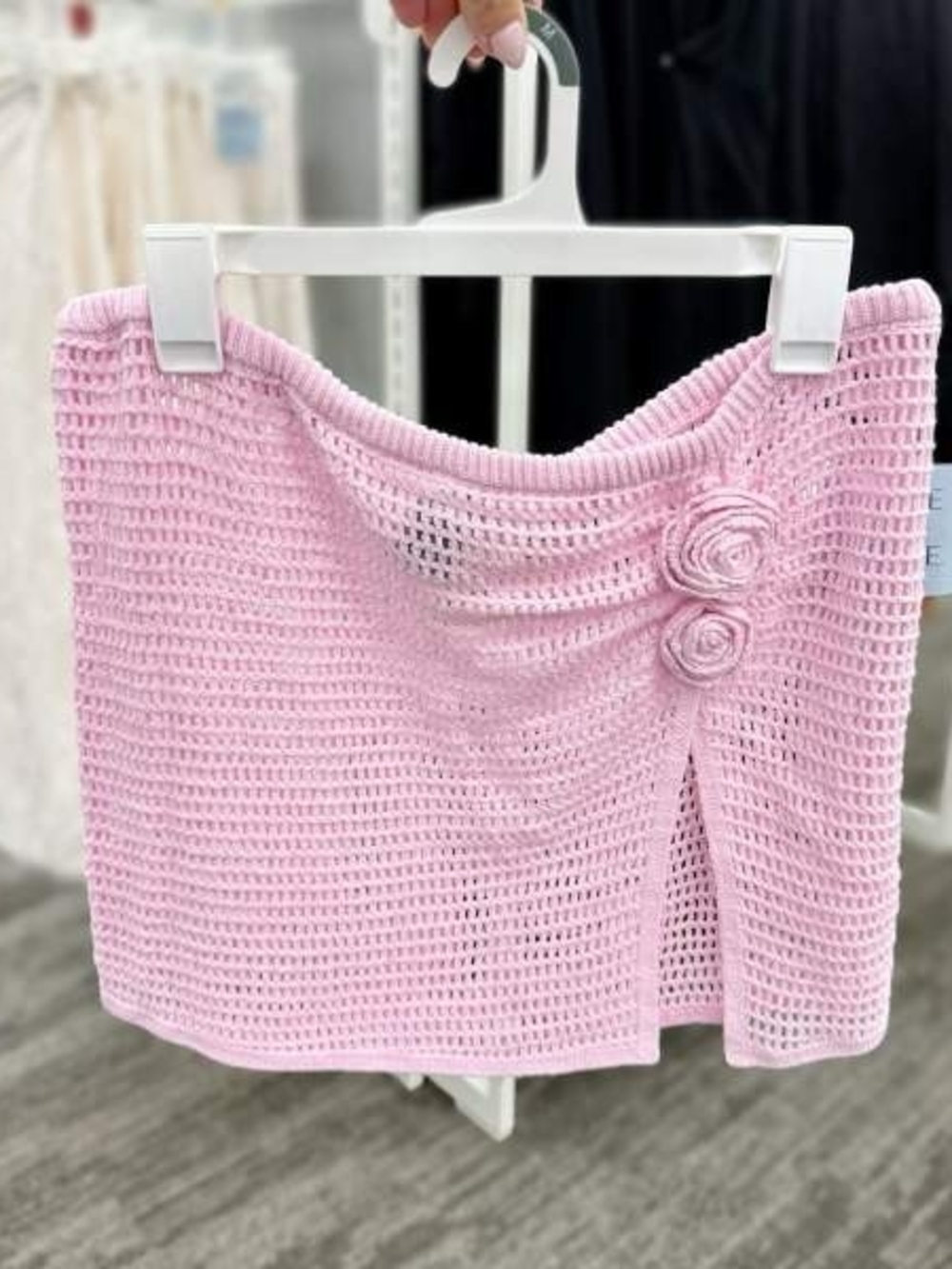 Shade & Shore Pink Crochet Swim Coverup Mini Skirt with Rosette Detail
